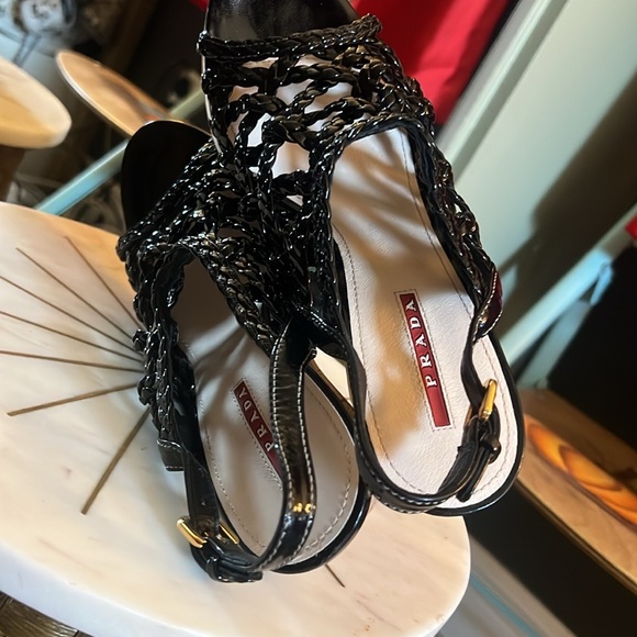 Prada, Black Wedge Sandals, leather 37.5 (US 7) - Picture 11 of 11